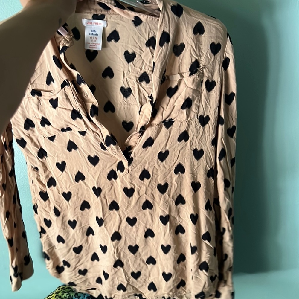 Tan button up shirt with hearts